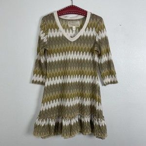 Nick & Me 3/4 Sleeve Sheer Knit Dress Ruffle Hem Tan White Yellow Medium